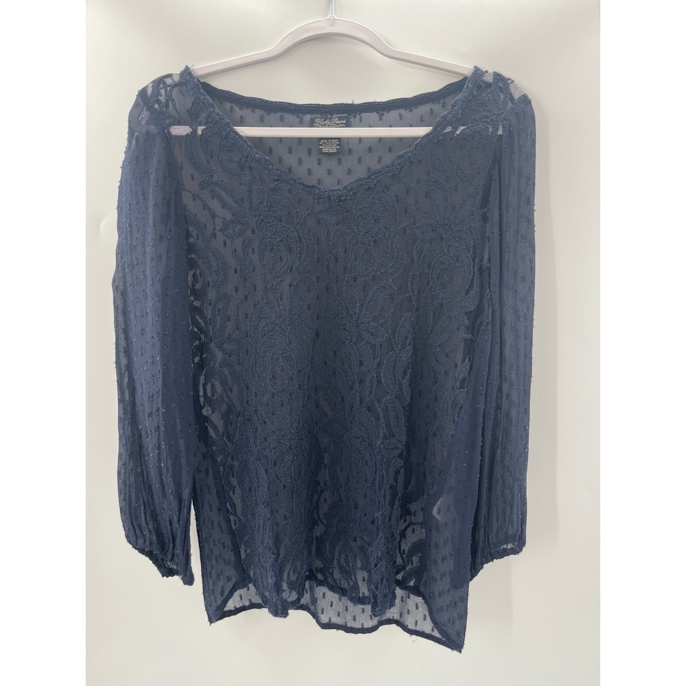 Lucky Brand Navy Blue Floral Lace Swiss Dot Mesh V-Neck Blouse Small Boho Top